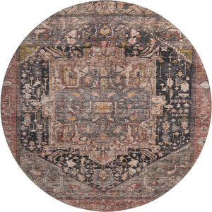HomeRoots 8' X 8' Charcoal Gold and Rust Oriental Round Rug – Washable, UV-Protected, and Stain-Resistant Beauty 692397