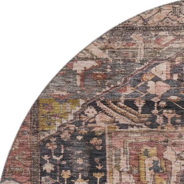 HomeRoots 8' X 8' Charcoal Gold and Rust Oriental Round Rug – Washable, UV-Protected, and Stain-Resistant Beauty 692397