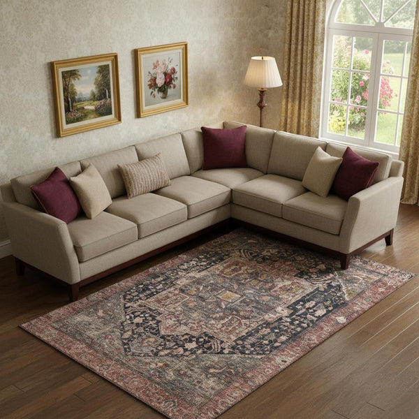 HomeRoots 9' X 12' Charcoal Gold And Rust Washable Oriental Area Rug with UV Protection for Family Homes 692399