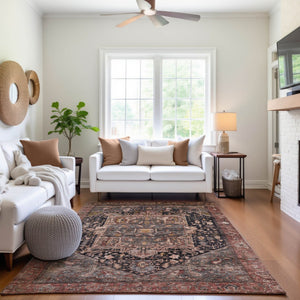 HomeRoots 9' X 12' Charcoal Gold And Rust Washable Oriental Area Rug with UV Protection for Family Homes 692399