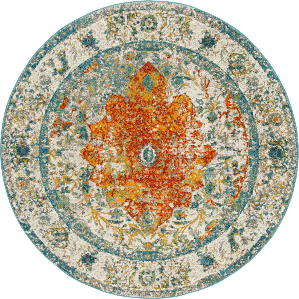 Unique Loom Rosso Strada Machine Made Border Rug Orange, Beige/Black/Gold/Ivory/Red/Blue 8' 0" x 8' 0"