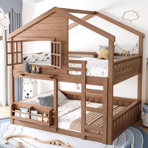 English Elm Full Bunk Bed with Trundle Bookshelf Storage Pine Frame Car Design for Kids Natural W1580S00522
