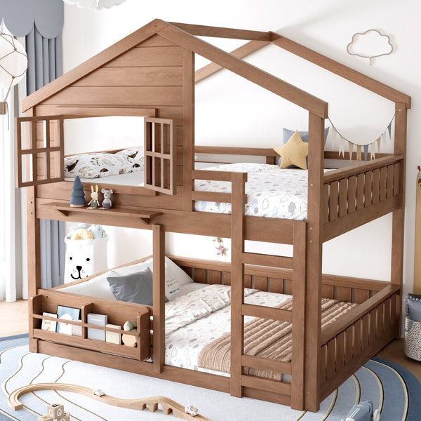 English Elm Full Bunk Bed with Trundle Bookshelf Storage Pine Frame Car Design for Kids Natural W1580S00522