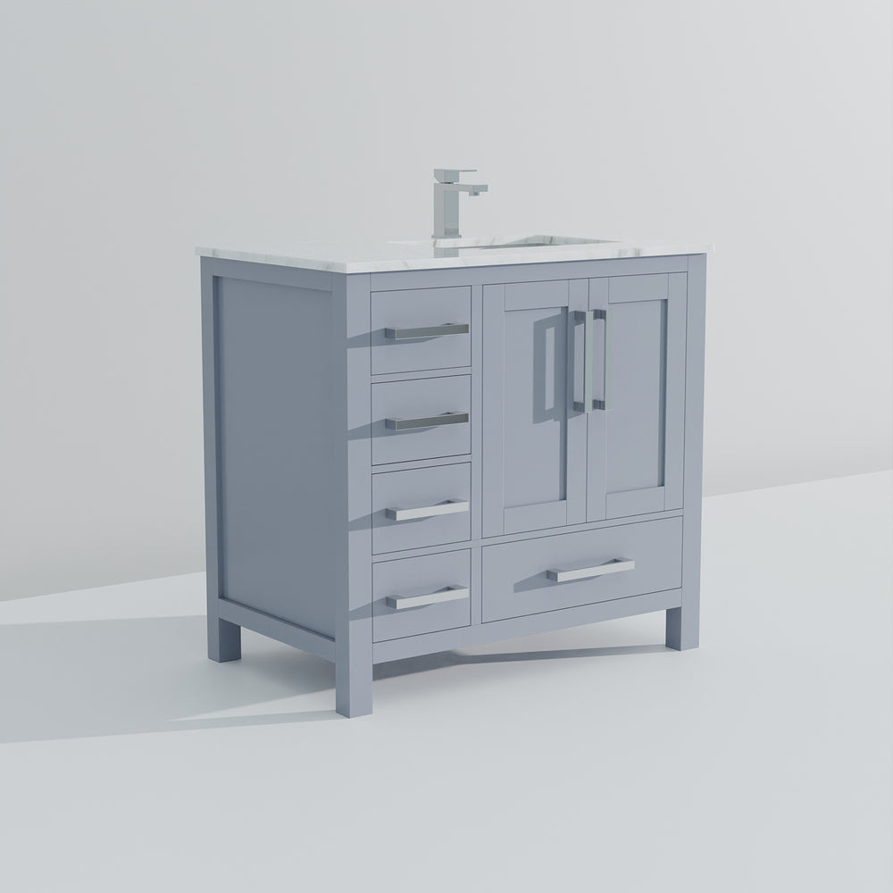 English Elm Dark Grey 36 in Bath Vanity with Right-Offset Carrara Marble Top, Chrome Faucet, Soft-Close Drawers B2731P259030