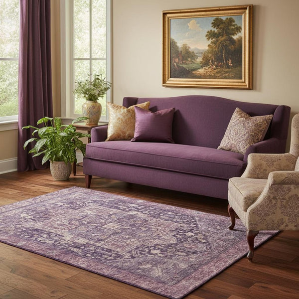 HomeRoots 5' X 8' Eggplant Gold and Gray Oriental Area Rug - Durable, Washable, UV Protected for Family Living 692402