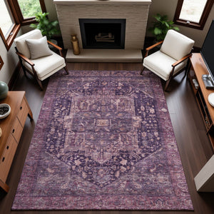 HomeRoots 5' X 8' Eggplant Gold and Gray Oriental Area Rug - Durable, Washable, UV Protected for Family Living 692402
