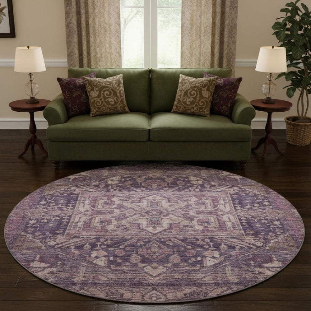 HomeRoots 8' X 8' Stylish Eggplant Gold Gray Oriental Washable Round Rug - UV Protected, Durable & Easy Care 692403