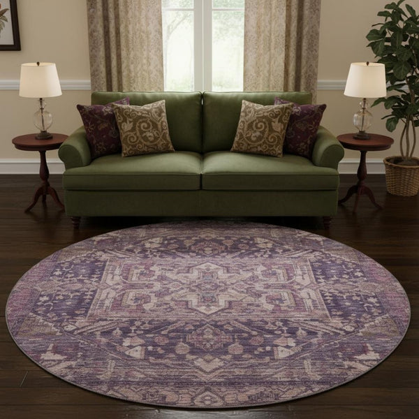 HomeRoots 8' X 8' Stylish Eggplant Gold Gray Oriental Washable Round Rug - UV Protected, Durable & Easy Care 692403