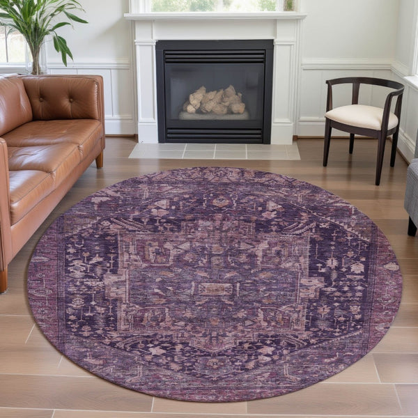 HomeRoots 8' X 8' Stylish Eggplant Gold Gray Oriental Washable Round Rug - UV Protected, Durable & Easy Care 692403