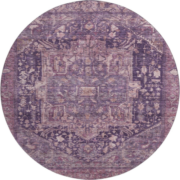 HomeRoots 8' X 8' Stylish Eggplant Gold Gray Oriental Washable Round Rug - UV Protected, Durable & Easy Care 692403