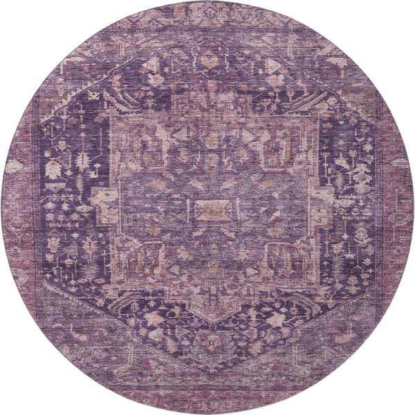 HomeRoots 8' X 8' Stylish Eggplant Gold Gray Oriental Washable Round Rug - UV Protected, Durable & Easy Care 692403
