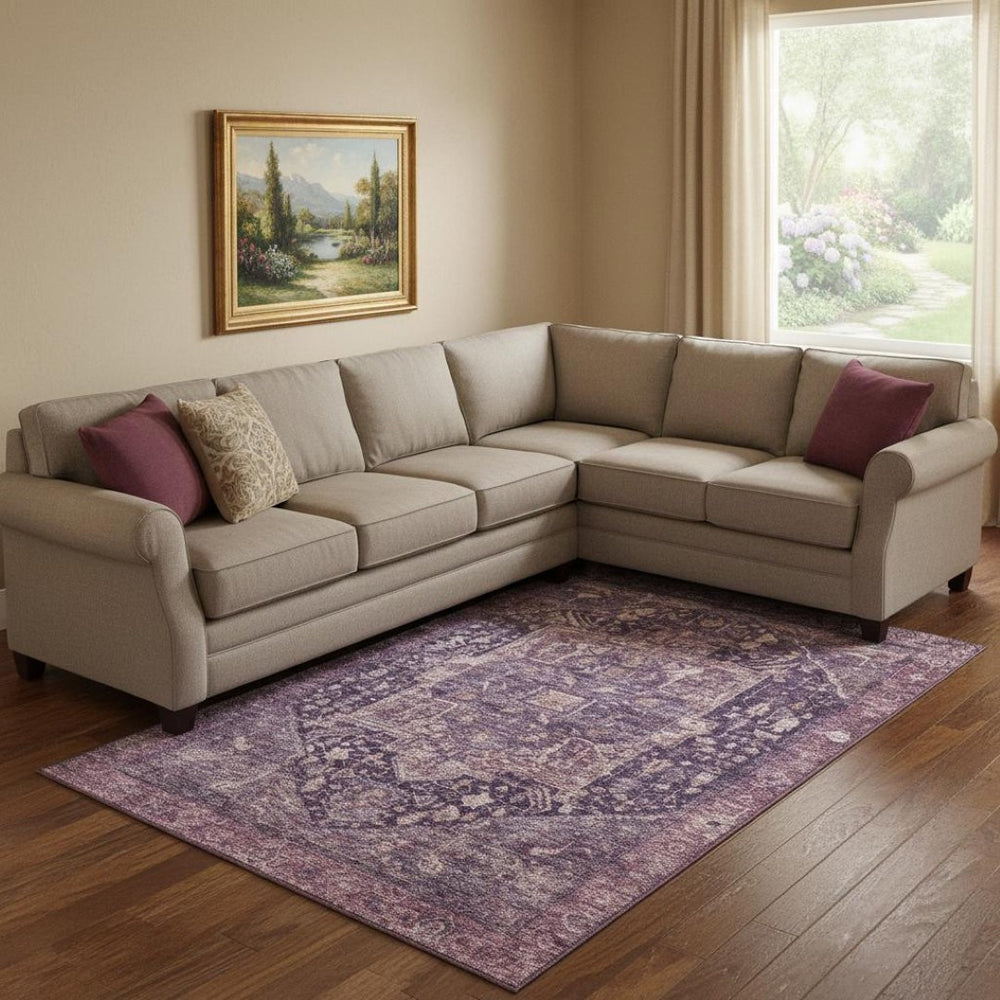 HomeRoots 8' Washable Eggplant Gold & Gray Oriental Area Rug with UV Protection - Durable & Stain Resistant! 692404