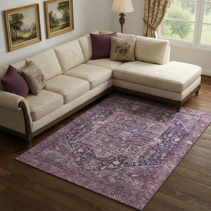 HomeRoots 9' X 12' Luxurious Eggplant Gold Gray Oriental Area Rug - Durable, Washable, UV Protected & Stylish! 692405