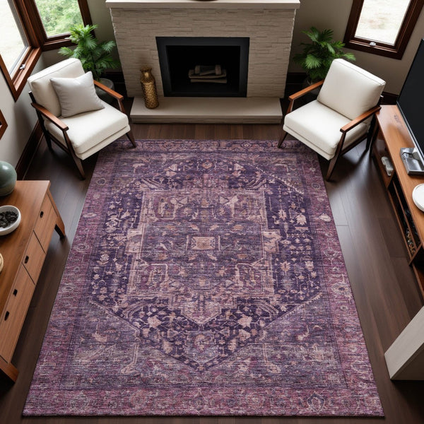 HomeRoots 9' X 12' Luxurious Eggplant Gold Gray Oriental Area Rug - Durable, Washable, UV Protected & Stylish! 692405