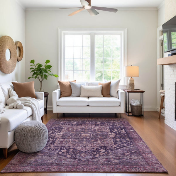 HomeRoots 9' X 12' Luxurious Eggplant Gold Gray Oriental Area Rug - Durable, Washable, UV Protected & Stylish! 692405