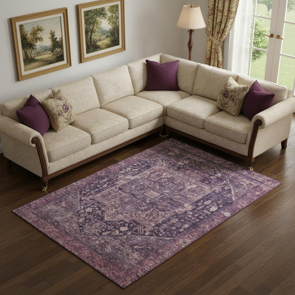 HomeRoots 10' X 14' Washable Eggplant Gold Gray Oriental Area Rug - Durable, UV Protected, Ideal for Homes 692406