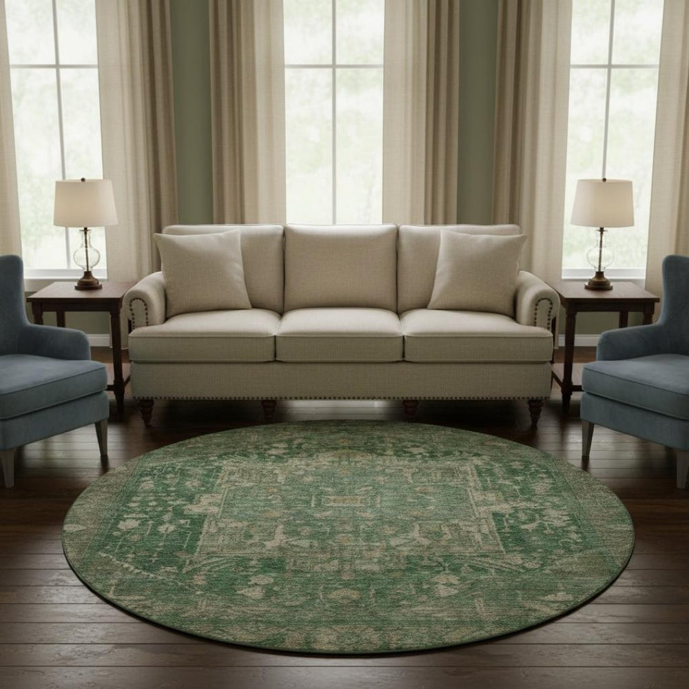 HomeRoots 8' X 8' Stylish Oriental Round Rug in Emerald, Ivory & Taupe – Washable, UV-Protected, Durable Design 692409