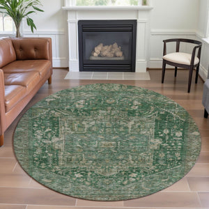 HomeRoots 8' X 8' Stylish Oriental Round Rug in Emerald, Ivory & Taupe – Washable, UV-Protected, Durable Design 692409