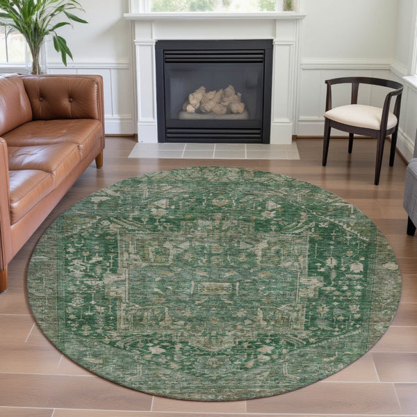 HomeRoots 8' X 8' Stylish Oriental Round Rug in Emerald, Ivory & Taupe – Washable, UV-Protected, Durable Design 692409