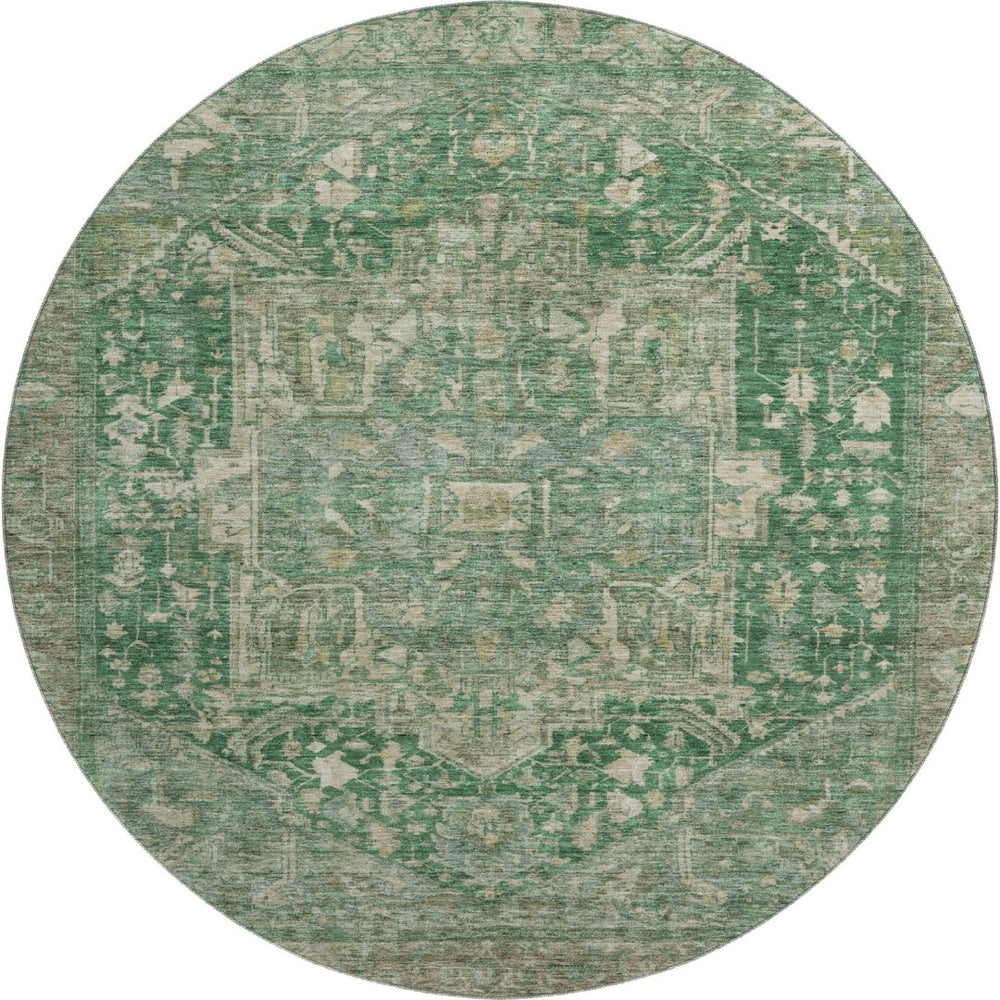 HomeRoots 8' X 8' Stylish Oriental Round Rug in Emerald, Ivory & Taupe – Washable, UV-Protected, Durable Design 692409