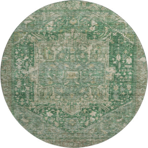 HomeRoots 8' X 8' Stylish Oriental Round Rug in Emerald, Ivory & Taupe – Washable, UV-Protected, Durable Design 692409