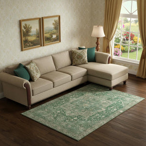 HomeRoots 9' X 12' Emerald Ivory Taupe Oriental Area Rug - Durable, Washable, UV-Resistant, Kid & Pet Friendly! 692411