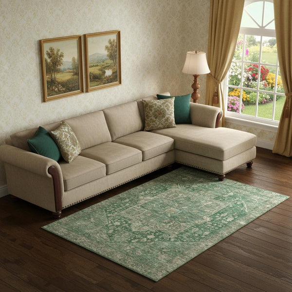 HomeRoots 9' X 12' Emerald Ivory Taupe Oriental Area Rug - Durable, Washable, UV-Resistant, Kid & Pet Friendly! 692411