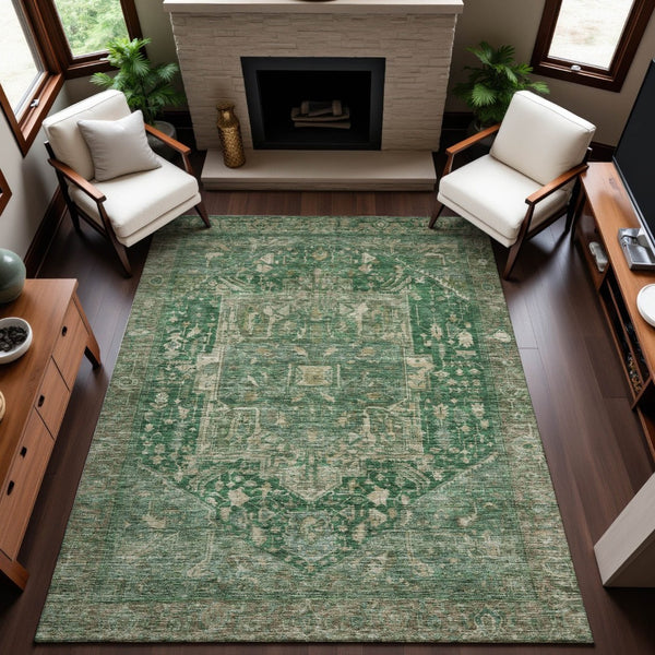 HomeRoots 10' X 14' Emerald Ivory Taupe Oriental Area Rug - Washable, Durable, UV Protected for Busy Homes 692412