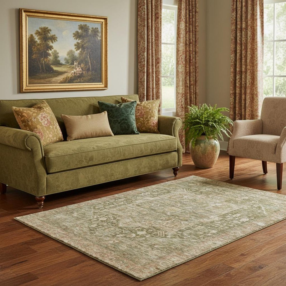 HomeRoots 5' X 8' Elegant Fern Green Oriental Area Rug - Washable, Stain-Resistant, UV Protected & Non-Slip 692414