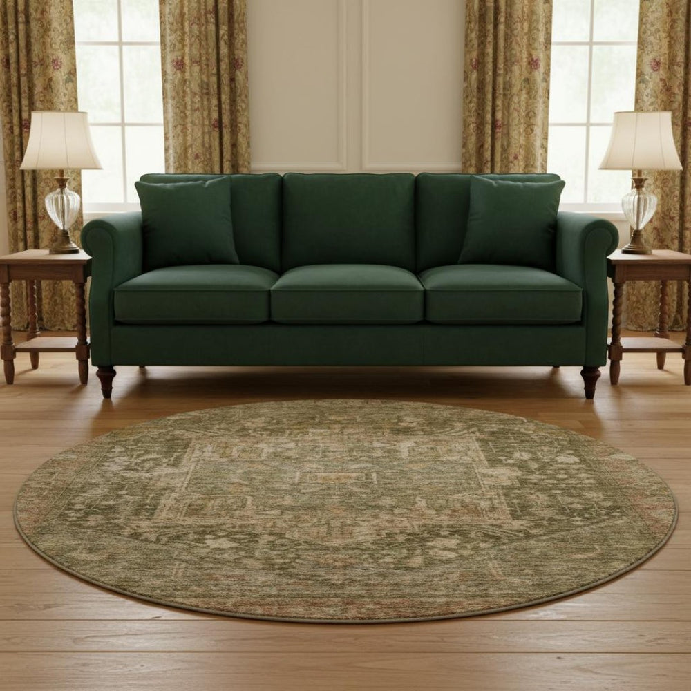 HomeRoots 8' X 8' Fern Green Oriental Round Rug with Stain Resistance, UV Protection & Durable Polyester Design 692415
