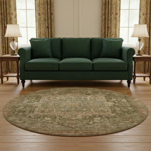 HomeRoots 8' X 8' Fern Green Oriental Round Rug with Stain Resistance, UV Protection & Durable Polyester Design 692415