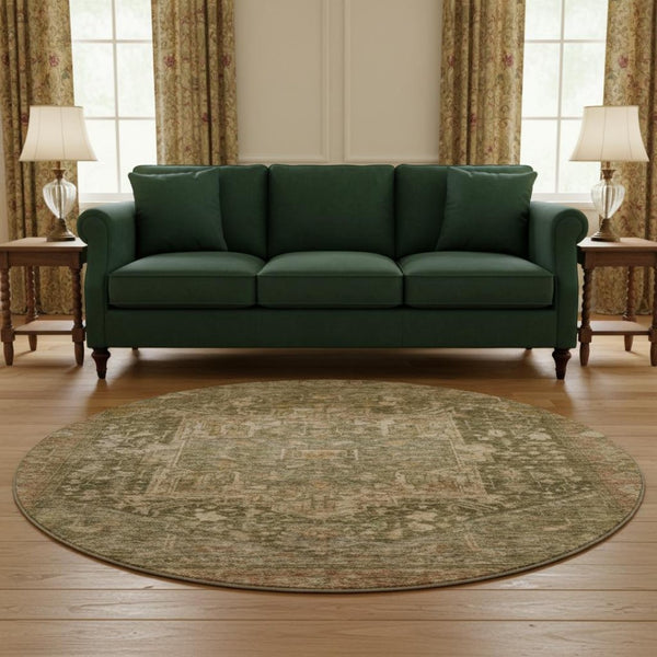 HomeRoots 8' X 8' Fern Green Oriental Round Rug with Stain Resistance, UV Protection & Durable Polyester Design 692415