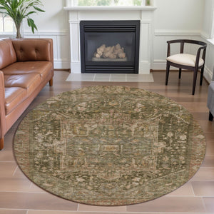 HomeRoots 8' X 8' Fern Green Oriental Round Rug with Stain Resistance, UV Protection & Durable Polyester Design 692415