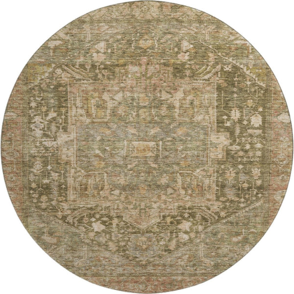 HomeRoots 8' X 8' Fern Green Oriental Round Rug with Stain Resistance, UV Protection & Durable Polyester Design 692415