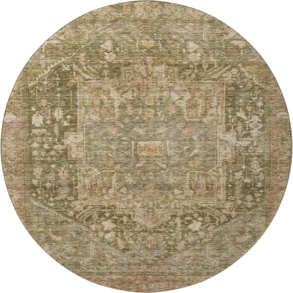 HomeRoots 8' X 8' Fern Green Oriental Round Rug with Stain Resistance, UV Protection & Durable Polyester Design 692415