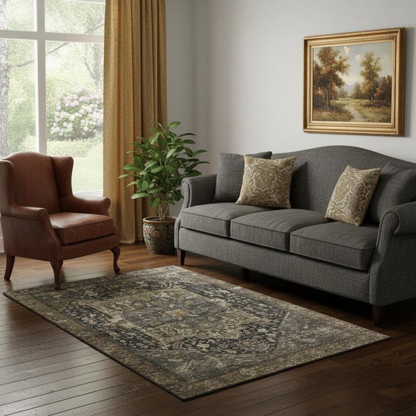 HomeRoots 5' X 8' Chocolate Charcoal & Beige Oriental Washable Rug - Stain-Resistant & UV Protected Design 692420