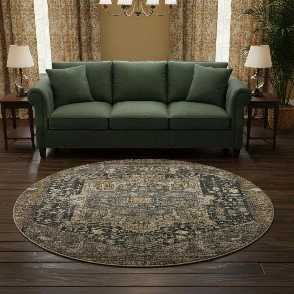 HomeRoots 8' X 8' Washable Chocolate Charcoal Beige Oriental Round Rug with UV Protection for Stylish Homes 692421