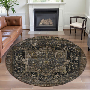 HomeRoots 8' X 8' Washable Chocolate Charcoal Beige Oriental Round Rug with UV Protection for Stylish Homes 692421