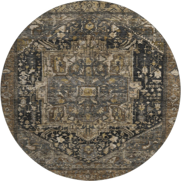 HomeRoots 8' X 8' Washable Chocolate Charcoal Beige Oriental Round Rug with UV Protection for Stylish Homes 692421