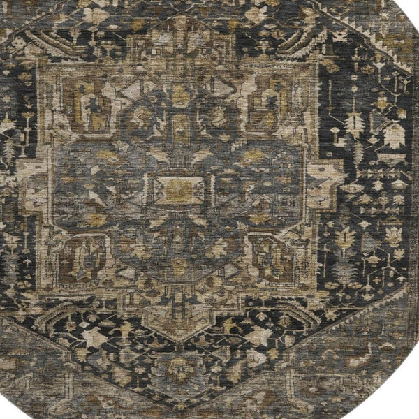 HomeRoots 8' X 8' Washable Chocolate Charcoal Beige Oriental Round Rug with UV Protection for Stylish Homes 692421
