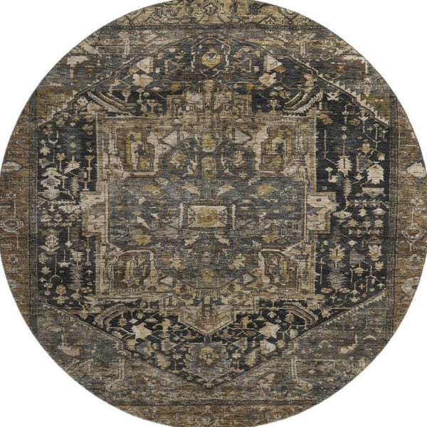 HomeRoots 8' X 8' Washable Chocolate Charcoal Beige Oriental Round Rug with UV Protection for Stylish Homes 692421