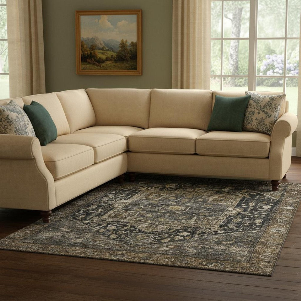 HomeRoots 8' Luxurious Chocolate Charcoal Beige Oriental Washable Area Rug with UV Protection for High-Traffic Spaces 692422