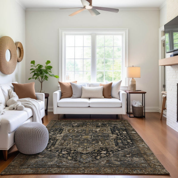 HomeRoots 9' X 12' Washable Chocolate Charcoal Beige Oriental Area Rug with UV Protection for Every Space 692423