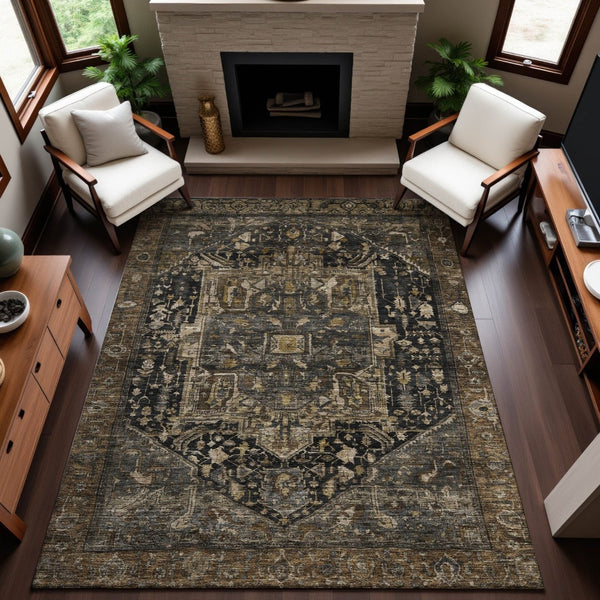 HomeRoots 10' X 14' Elegant Chocolate Charcoal & Beige Oriental Area Rug - Washable, UV Protected & Non-Slip 692424