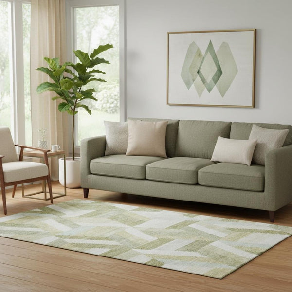 HomeRoots 5' X 8' Artichoke Green Geometric Area Rug - Washable, UV-Protected, Stylish & Durable for Homes 692426