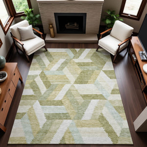 HomeRoots 5' X 8' Artichoke Green Geometric Area Rug - Washable, UV-Protected, Stylish & Durable for Homes 692426