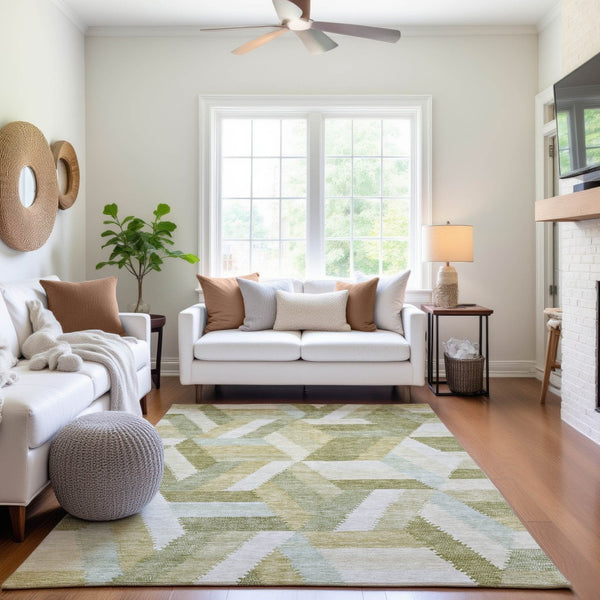 HomeRoots 5' X 8' Artichoke Green Geometric Area Rug - Washable, UV-Protected, Stylish & Durable for Homes 692426