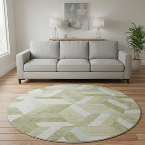 HomeRoots 8' Round Washable Rug in Artichoke Green, Ivory & Wheat – Geometric Design with UV Protection & Stain Resistance 692427