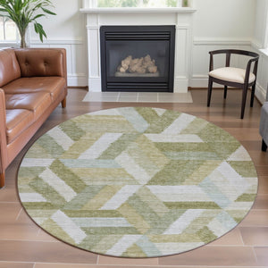 HomeRoots 8' Round Washable Rug in Artichoke Green, Ivory & Wheat – Geometric Design with UV Protection & Stain Resistance 692427