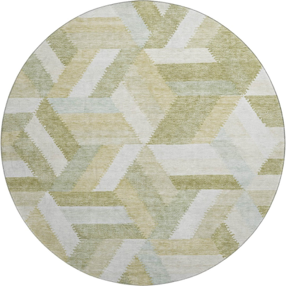 HomeRoots 8' Round Washable Rug in Artichoke Green, Ivory & Wheat – Geometric Design with UV Protection & Stain Resistance 692427